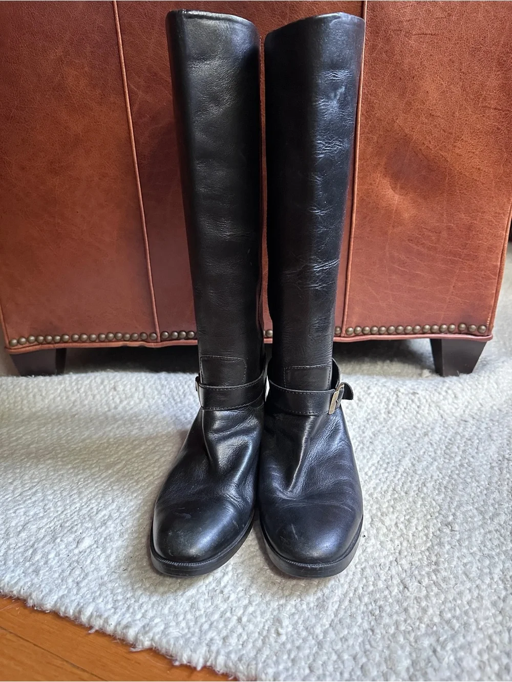 Etienne Aigner Black Over-the-Knee Leather Boots with Buckle